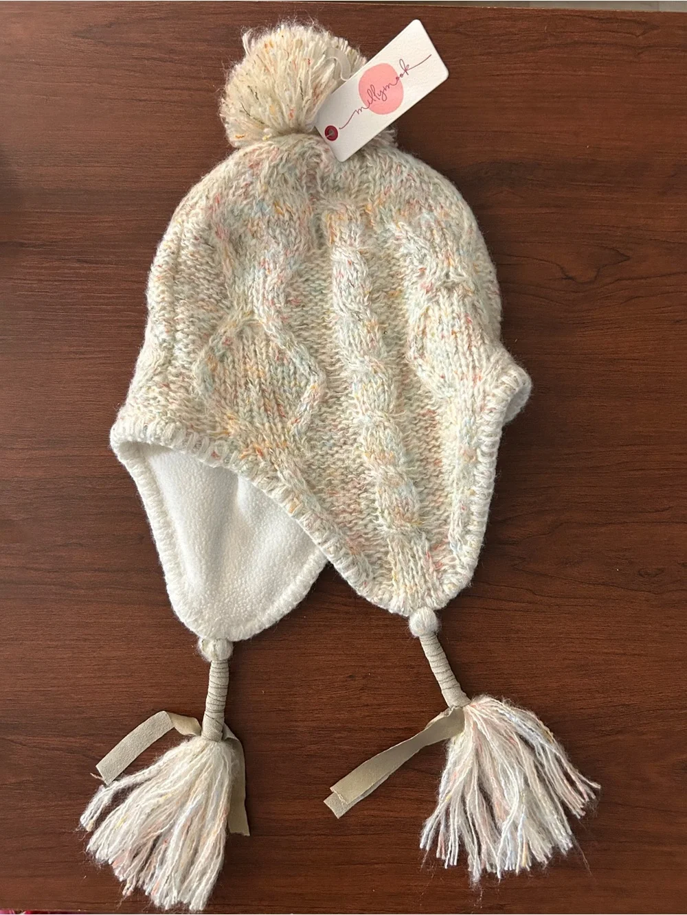 NWT Milly Mook Kids Multi-Tone Speckle Cable Knit Pom Earflap Beanie Hat Pastel